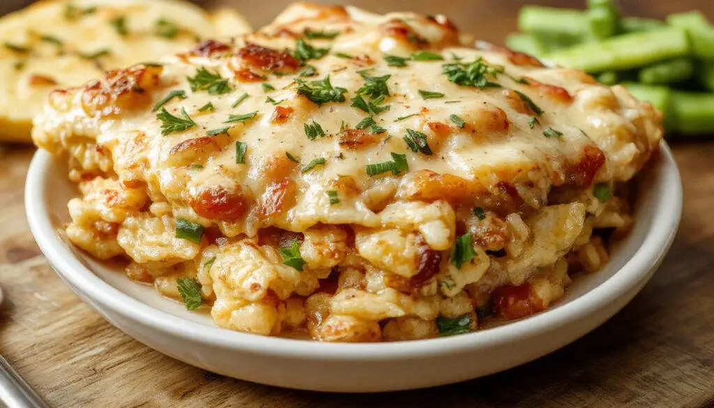 A golden-brown casserole topped with bubbling melted cheese and crispy edges, garnished with chopped green herbs. The dish showcases a creamy, cheesy layer with bits of tender chicken and rice, arranged in a rustic ceramic baking dish.