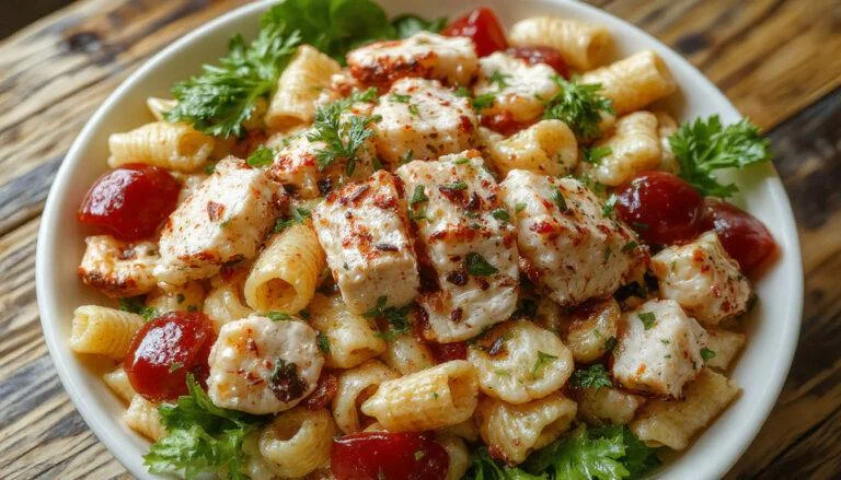 A colorful plate of Vibrant Chicken Pasta Salad featuring spiral pasta coated in a bright Italian dressing, topped with grilled chicken slices, cherry tomatoes, fresh herbs, and grated cheese, with a garnish of green herbs on a rustic white plate.
