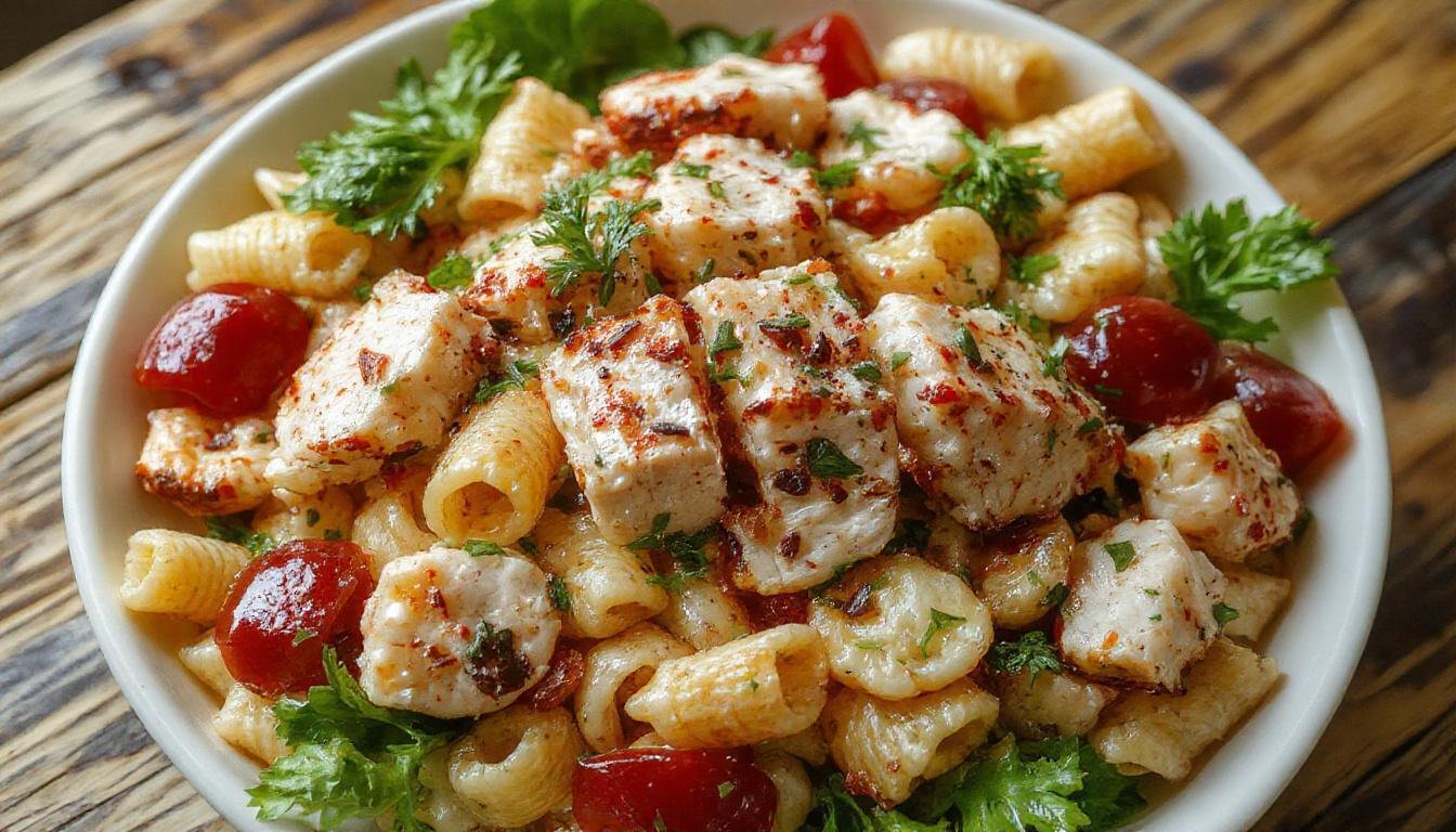 A colorful plate of Vibrant Chicken Pasta Salad featuring spiral pasta coated in a bright Italian dressing, topped with grilled chicken slices, cherry tomatoes, fresh herbs, and grated cheese, with a garnish of green herbs on a rustic white plate.