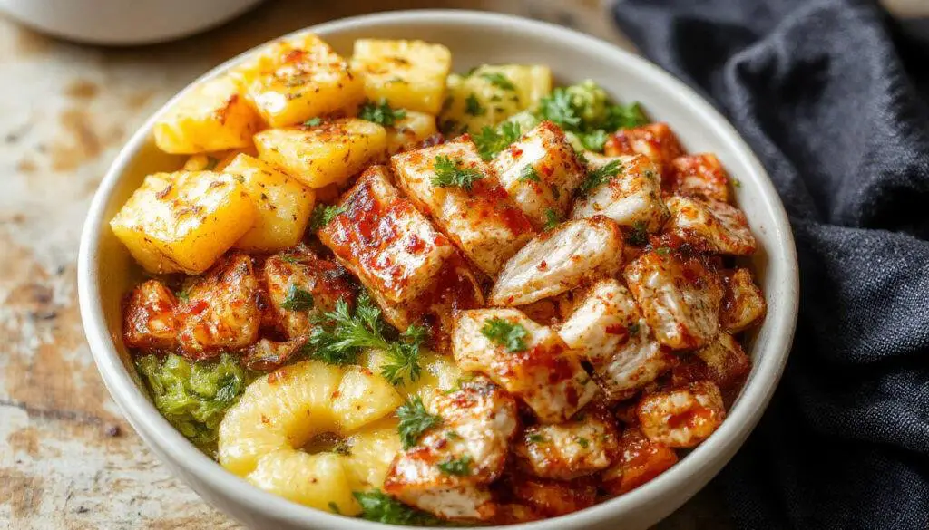 A colorful Hawaiian chicken bowl featuring grilled chicken slices, bright yellow pineapple chunks, green lime wedges, and chopped fresh herbs arranged over a bed of white rice. The bowl is garnished with a sprinkle of sesame seeds and a drizzle of tangy sauce, creating an inviting and vibrant dish with contrasting colors and textures.