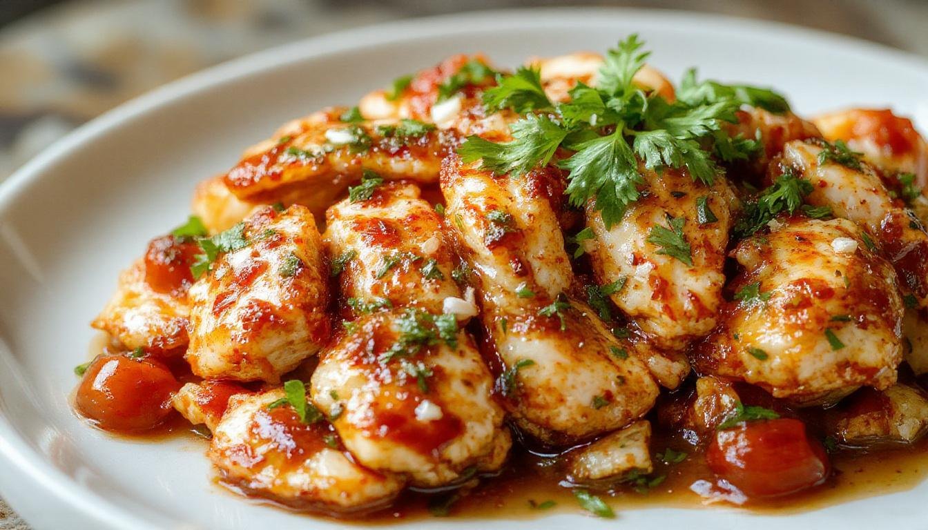 A colorful plate featuring tender pieces of Brazilian Coconut Chicken coated in a rich, golden coconut sauce. Garnished with fresh herbs and sliced chili peppers, served on a rustic white ceramic plate with a vibrant backdrop highlighting the spicy and tropical elements.