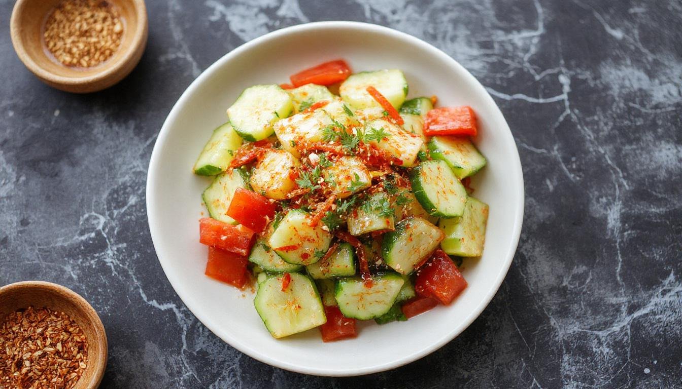 A colorful Thai cucumber salad served in a clear glass bowl, featuring thinly sliced bright green cucumbers coated with a tangy reddish-orange chili and lime dressing, garnished with fresh cilantro and dotted with red chili slices. The salad has a fresh, crisp texture with a glossy sheen from the dressing, contrasting the vibrant green cucumbers with the fiery red and orange accents.