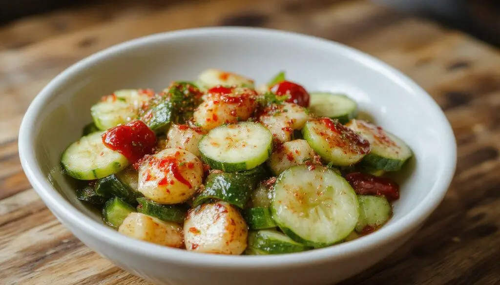 A vibrant bowl of TikTok Spicy Cucumber Salad featuring sliced cucumbers coated in a bright red chili and seasoning mixture, garnished with chopped herbs, and arranged artfully on a white plate with colorful accents.