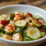 A vibrant bowl of TikTok Spicy Cucumber Salad featuring sliced cucumbers coated in a bright red chili and seasoning mixture, garnished with chopped herbs, and arranged artfully on a white plate with colorful accents.