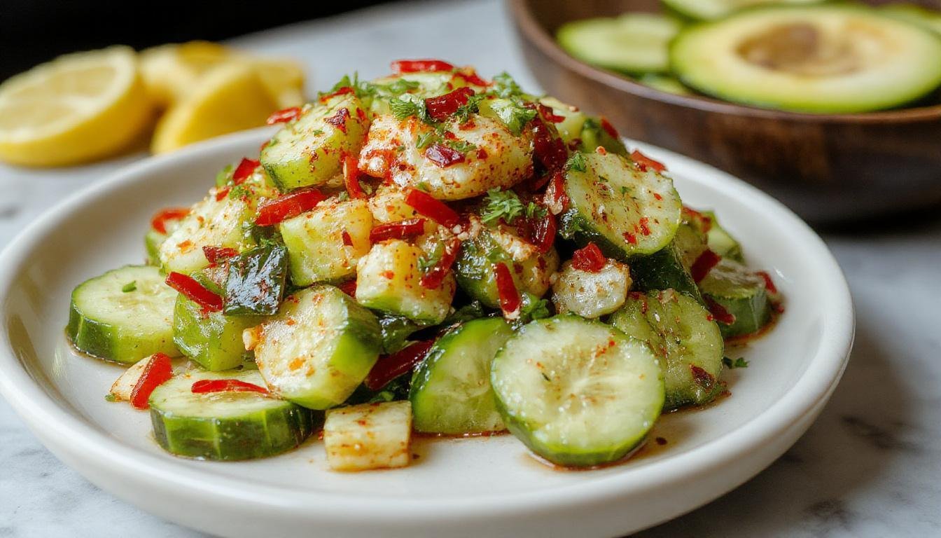 A vibrant Asian cucumber salad served in a clear glass bowl. Thinly sliced cucumbers glisten with a light sesame oil dressing, garnished with chopped scallions and red pepper flakes, creating a colorful and fresh presentation.
