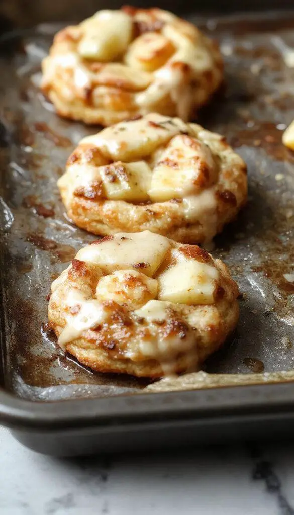 Golden-brown baked apple fritters arranged on a rustic wooden plate, sprinkled with powdered sugar. The fritters are crispy on the outside with visible apple chunks peeking through, and are garnished with a sprig of fresh mint. The background features a cozy kitchen setting with soft lighting highlighting the texture and inviting appeal of the dessert.
