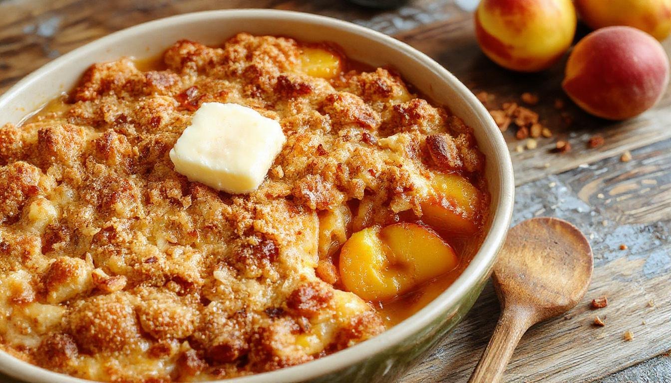A golden baked peach crisp in a rustic ceramic dish topped with a buttery, crunchy oat streusel. Sliced fresh peaches with vibrant orange and yellow hues peek through the crisp topping, and a silver spoon rests beside the dish on a linen napkin, with a soft-focus background suggesting a cozy kitchen setting.