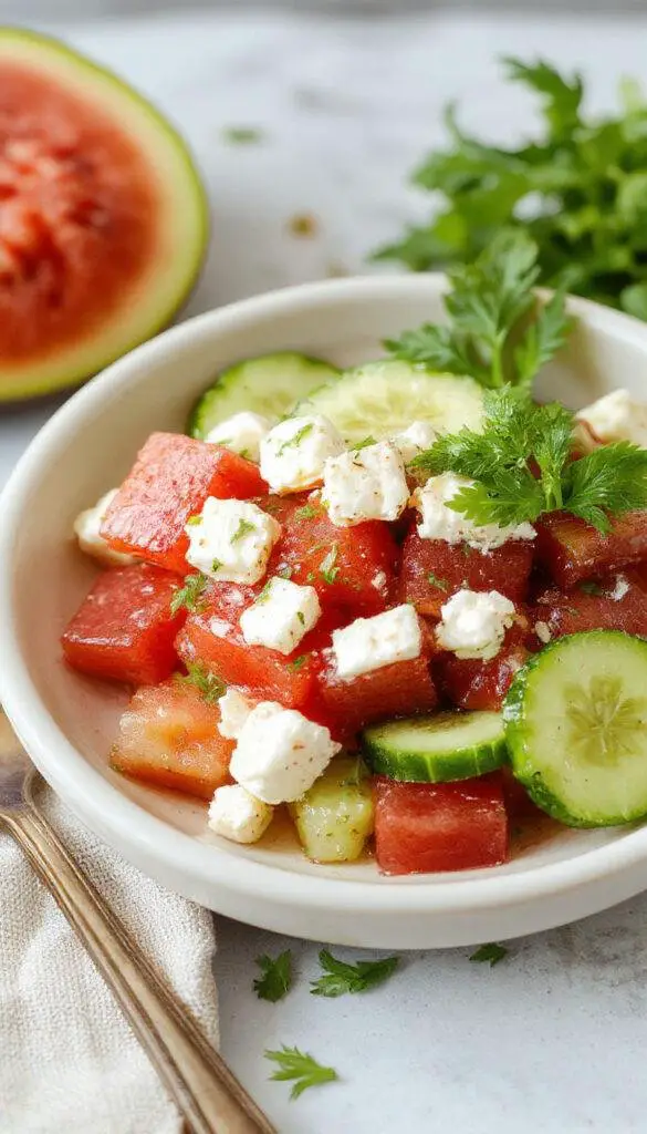 A vibrant salad featuring juicy red watermelon cubes, crisp green cucumber slices, and crumbled white feta cheese, all arranged on a white plate with fresh mint leaves. The colorful ingredients are complemented by a light drizzle of vinaigrette, creating a fresh and inviting presentation with a summery theme.