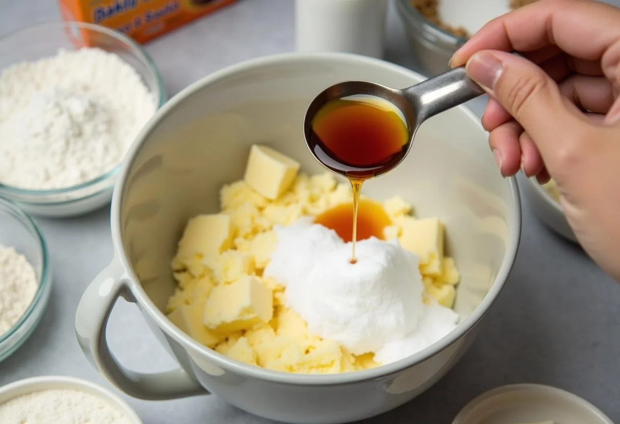 Weasley's Wizard Wheezes Butterbeer Cookies - adding vanilla extract for that rich flavor in the cookie dough.