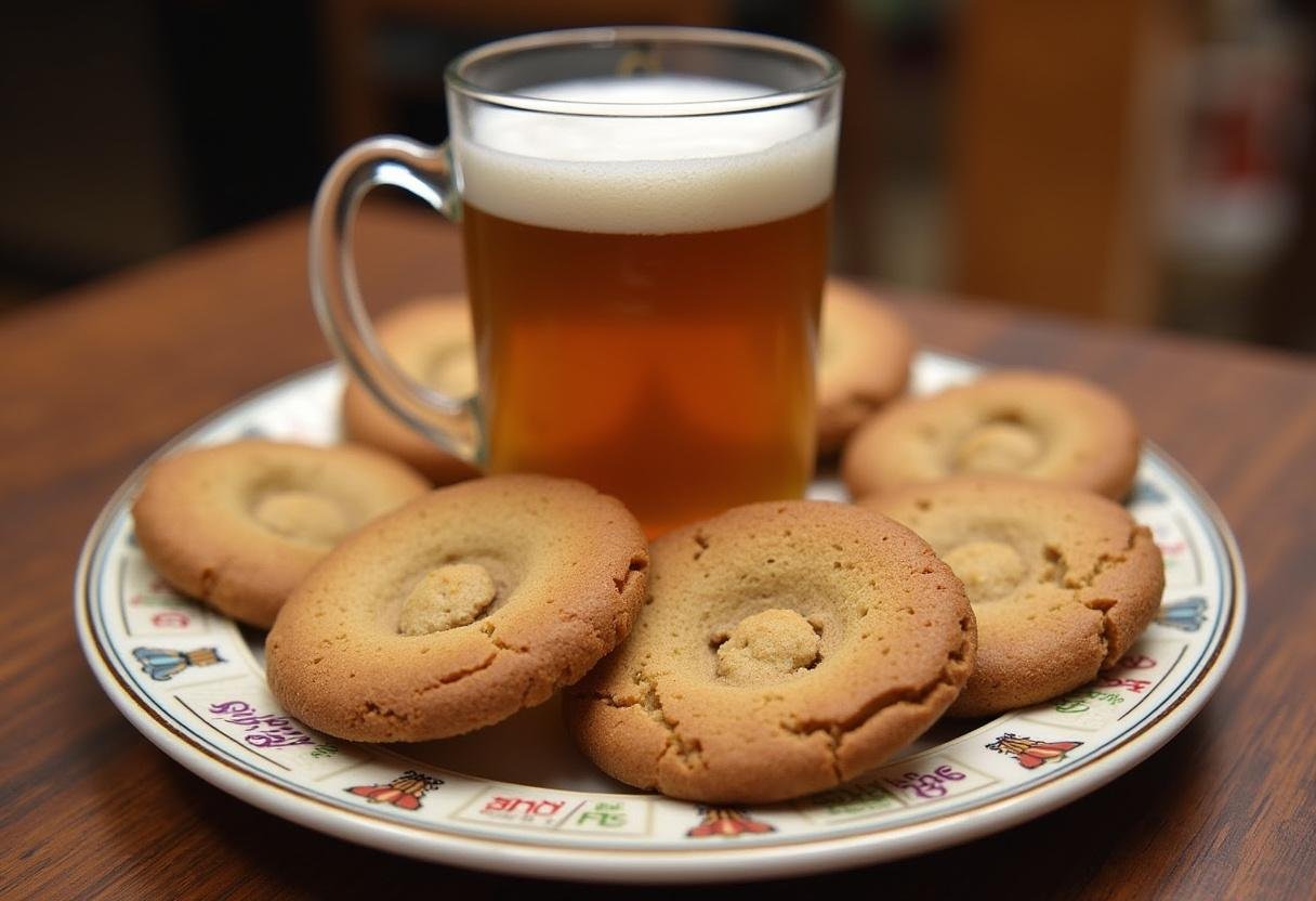 Delicious Weasley's Wizard Wheezes Love Potions Butterbeer Cookies arranged on a plate with butterbeer, showcasing the final delightful dessert creation.