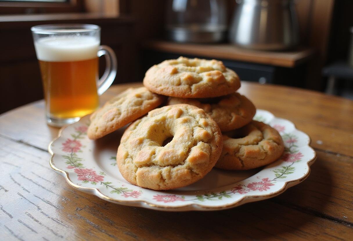 Delicious Weasley's Wizard Wheezes Love Potions Butterbeer Cookies arranged on a plate with butterbeer, showcasing the final delightful dessert creation.
