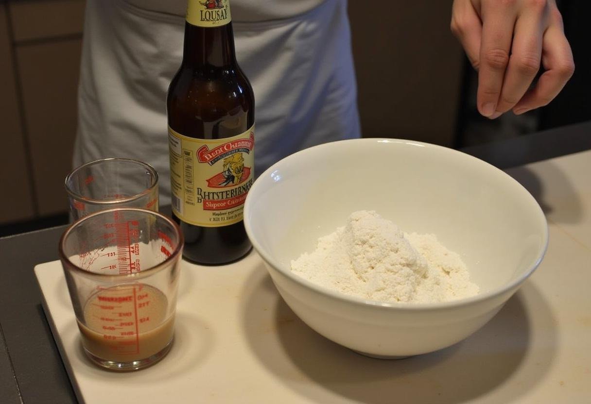 Weasley's Wizard Wheezes Love Potions Butterbeer Cookies ingredients displayed in a modern kitchen, including flour and butterbeer, ready for baking.