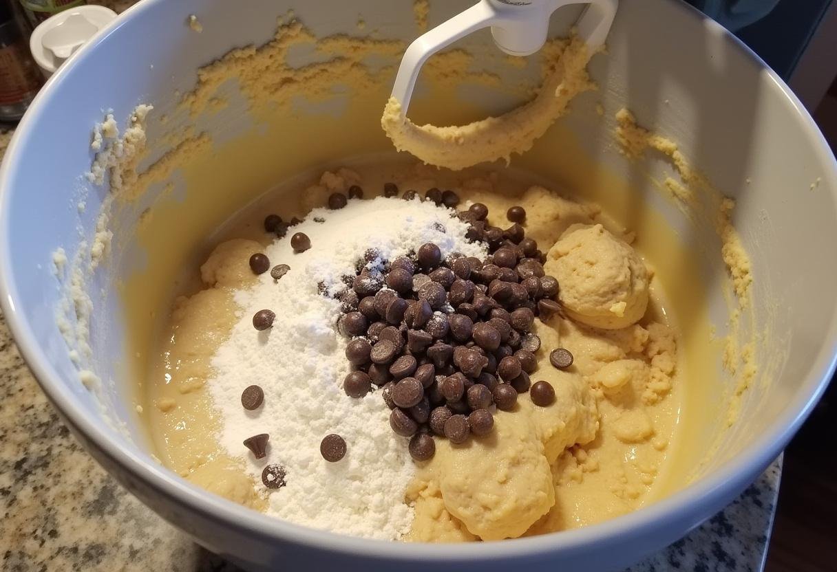 Mixing dough for Weasley's Wizard Wheezes Love Potions Butterbeer Cookies, highlighting the blend of ingredients including chocolate chips and butterbeer.