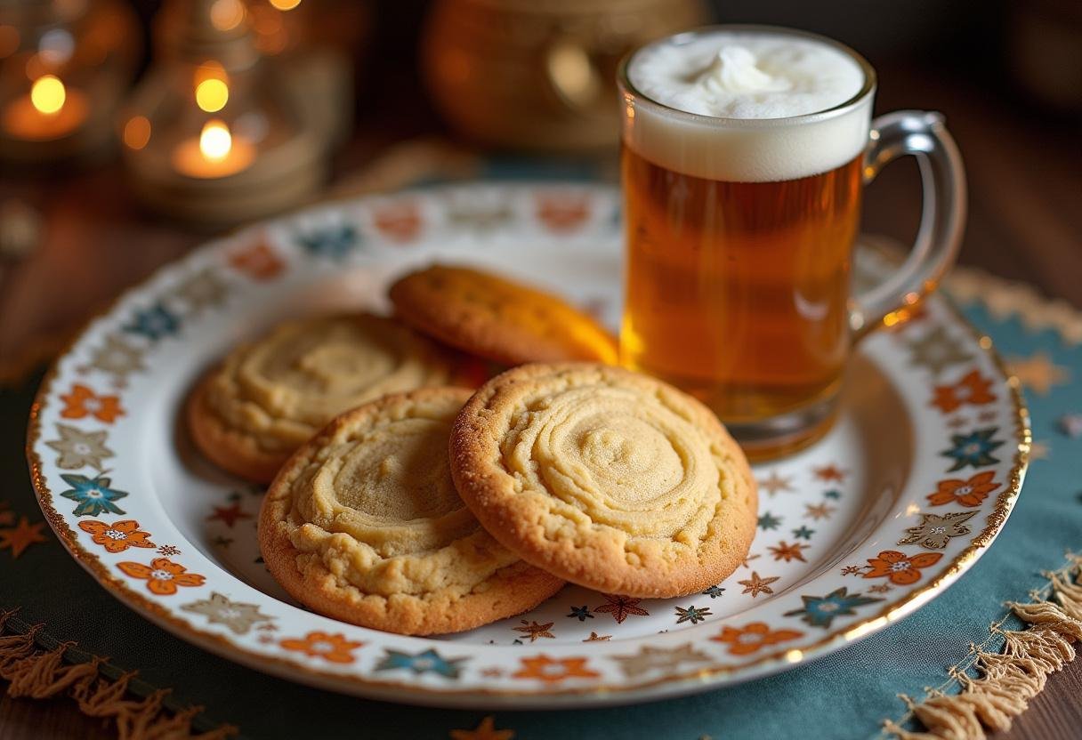 Delicious Weasley's Wizard Wheezes U-No-Poo Butterbeer Cookies displayed on a decorative plate with butterbeer, perfect for any wizarding feast.