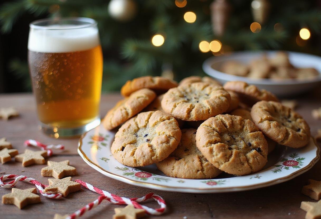 Delicious Weasley's Wizard Wheezes U-No-Poo Butterbeer Cookies displayed on a decorative plate with butterbeer, perfect for any wizarding feast.