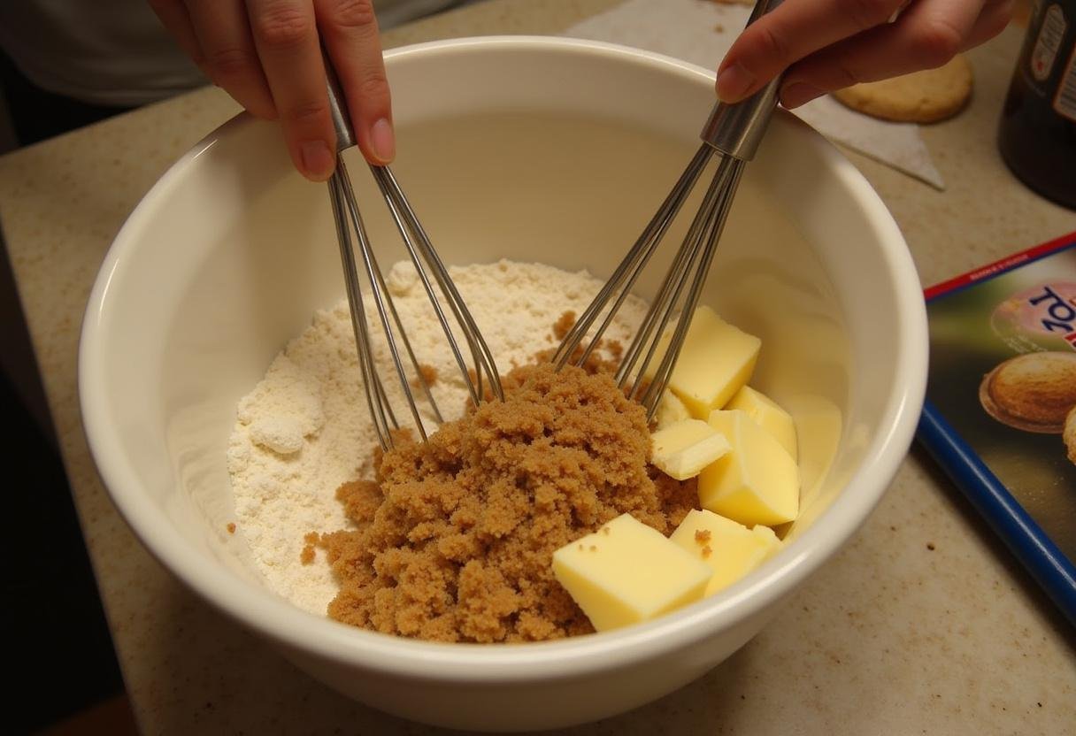 Weasley's Wizard Wheezes U-No-Poo Butterbeer Cookies ingredient preparation, cozy kitchen ambiance, mixing bowl with flour and brown sugar.