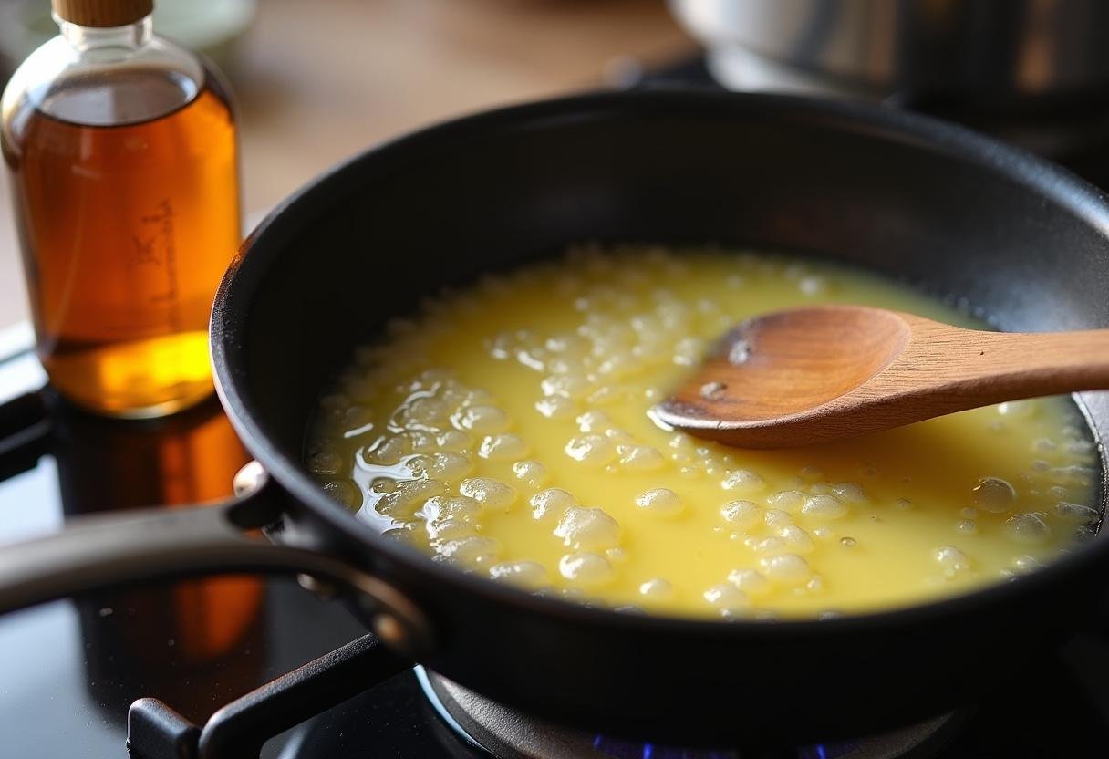 Weasley's Wizard Wheezes U-No-Poo Butterbeer Cookies making process, melting butter with butterscotch extract in a saucepan.