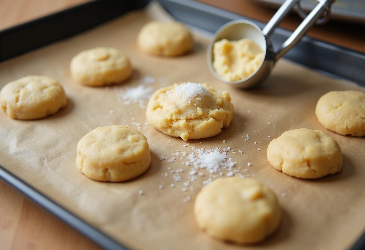 Weasley's Wizard Wheezes U-No-Poo Butterbeer Cookies dough preparation, scooping dough onto a baking tray in a warm kitchen environment.