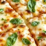 A close-up of a vibrant lemon basil pizza with a golden-brown crust topped with melted three cheeses, fresh basil leaves, and lemon zest, artfully arranged on a rustic wooden serving board. The cheese is bubbly and slightly browned around the edges, with bursts of green basil and bright lemon slices adding color contrast.
