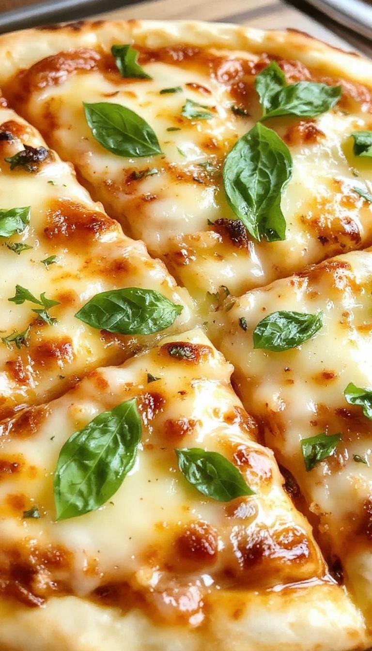 A close-up of a vibrant lemon basil pizza with a golden-brown crust topped with melted three cheeses, fresh basil leaves, and lemon zest, artfully arranged on a rustic wooden serving board. The cheese is bubbly and slightly browned around the edges, with bursts of green basil and bright lemon slices adding color contrast.