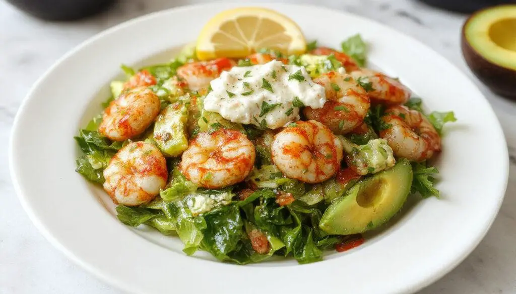 A vibrant shrimp salad featuring plump pink shrimp arranged atop slices of creamy green avocado and bright citrus segments. The dish is garnished with fresh herbs and drizzled with a zesty citrus dressing, presented on a white plate with colorful garnishes that emphasize freshness and zest.