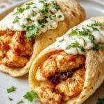 Plate of Zesty Greek Chicken Gyros topped with creamy Tzatziki sauce, fresh herbs, sliced cucumbers, and tomatoes on a warm pita bread.