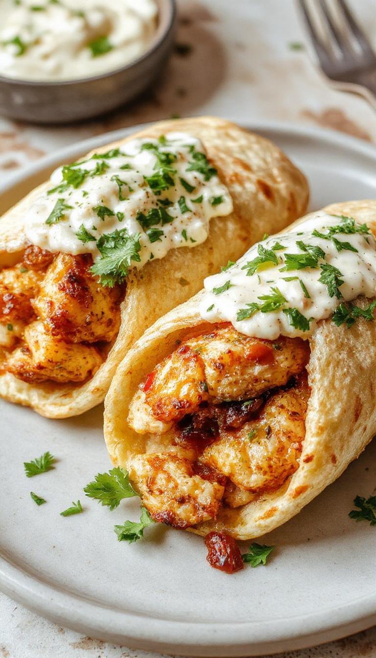 Plate of Zesty Greek Chicken Gyros topped with creamy Tzatziki sauce, fresh herbs, sliced cucumbers, and tomatoes on a warm pita bread.