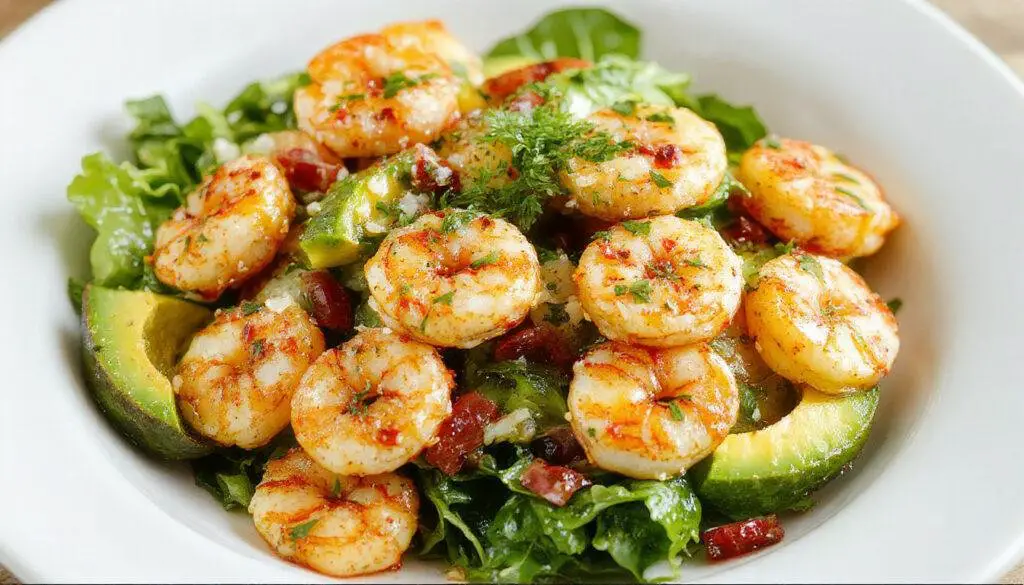 A vibrant citrus shrimp salad arranged on a white plate, featuring pink, tender shrimp atop slices of ripe avocado, bright orange and yellow citrus segments, garnished with microgreens. The dish is colorful and fresh, with a glossy citrus dressing drizzled over the ingredients.