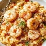 A vibrant plate of Zesty Lemon Garlic Shrimp Orzo garnished with fresh herbs and lemon slices, showcasing tender shrimp over flavorful pasta.
