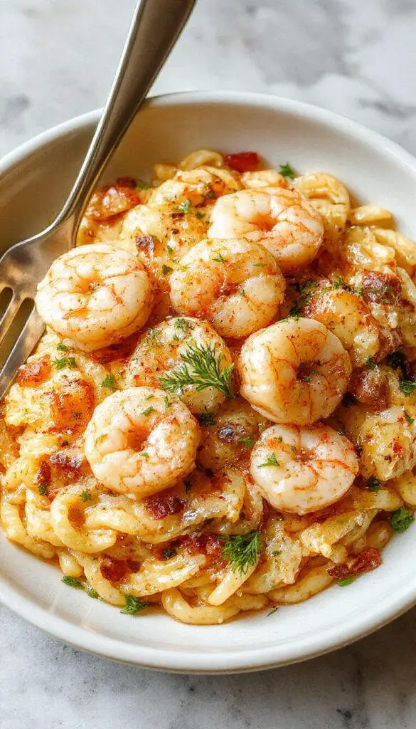 A vibrant plate of Zesty Lemon Garlic Shrimp Orzo garnished with fresh herbs and lemon slices, showcasing tender shrimp over flavorful pasta.