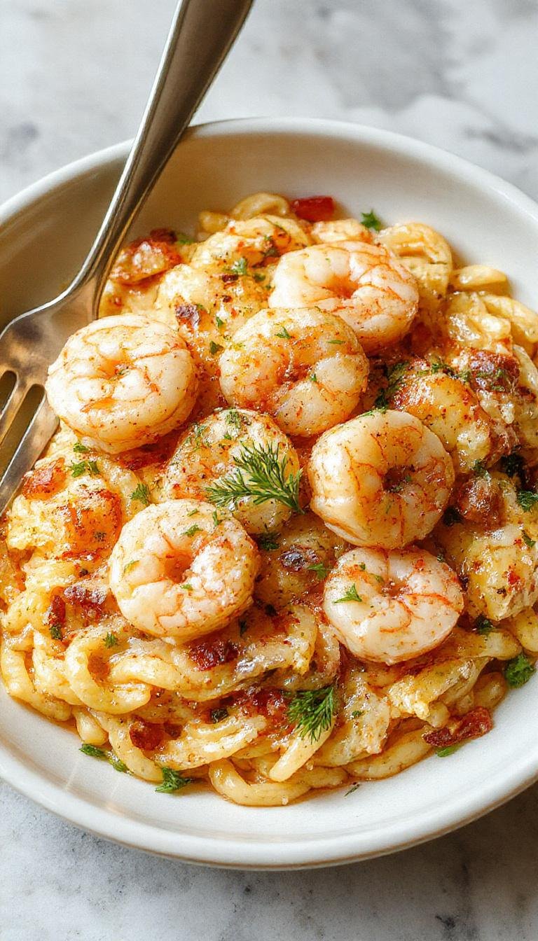 A vibrant plate of Zesty Lemon Garlic Shrimp Orzo garnished with fresh herbs and lemon slices, showcasing tender shrimp over flavorful pasta.