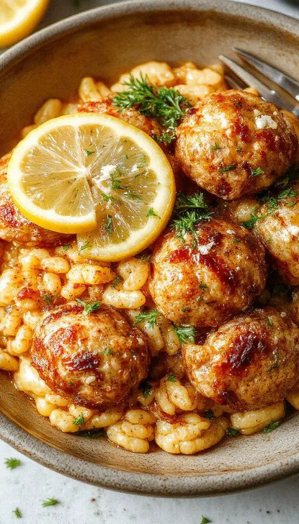 A vibrant plate featuring tender Greek chicken meatballs nestled atop a bed of glossy lemon-infused orzo pasta. The dish is garnished with fresh herbs, lemon wedges, and a drizzle of olive oil, creating a colorful and inviting presentation. The background includes rustic Mediterranean tableware, highlighting the bright yellow of the orzo and the golden-brown meatballs.