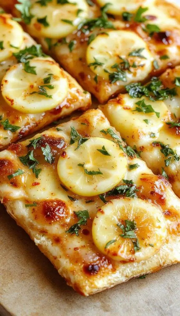 A vibrant lemon pizza topped with fresh lemon slices, basil leaves, and a golden crust on a rustic wooden table.