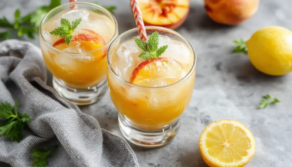 A tall glass filled with a vibrant, peach-colored slushie topped with a slice of fresh lemon and a sprig of mint. The icy texture of the beverage is visible, and droplets of condensation cling to the glass, emphasizing its cold, refreshing nature. The background is softly blurred, highlighting the drink as the focal point.
