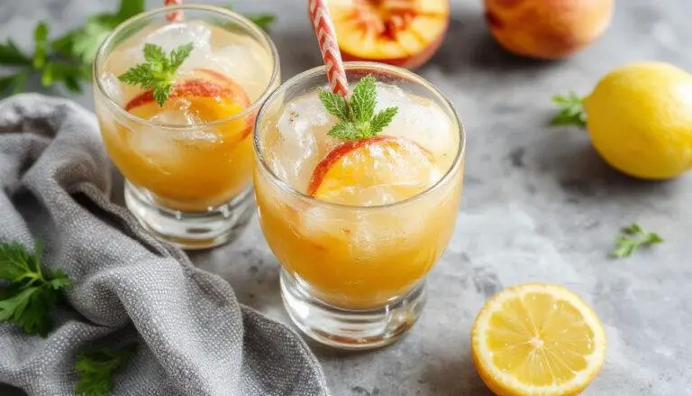 A tall glass filled with a vibrant, peach-colored slushie topped with a slice of fresh lemon and a sprig of mint. The icy texture of the beverage is visible, and droplets of condensation cling to the glass, emphasizing its cold, refreshing nature. The background is softly blurred, highlighting the drink as the focal point.