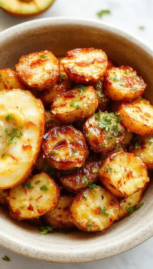 A vibrant plate of Zesty Mexican Potatoes garnished with fresh cilantro and lime wedges, showcasing crispy golden-brown potatoes with a spicy, colorful sauce.