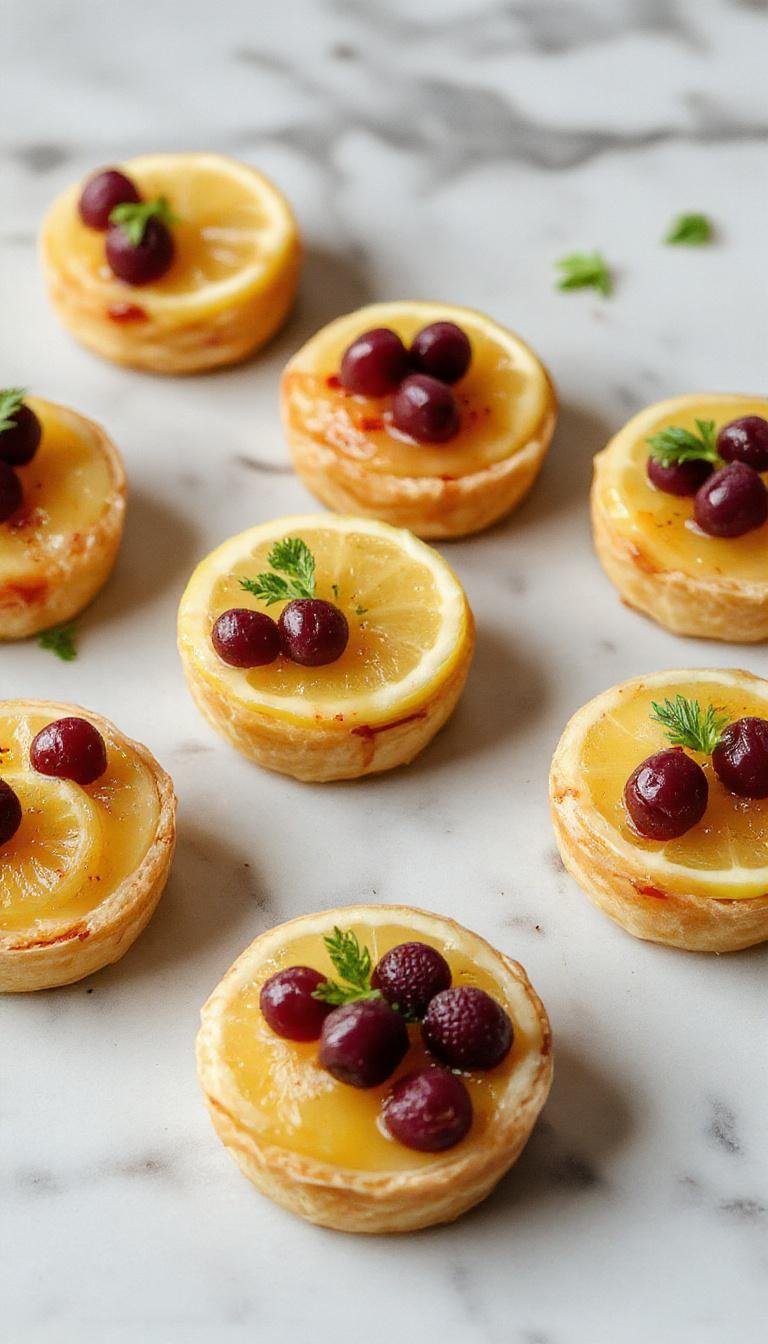 A batch of vibrant mini vegan lemon tarts with bright yellow filling topped with fresh mint leaves on a white plate.