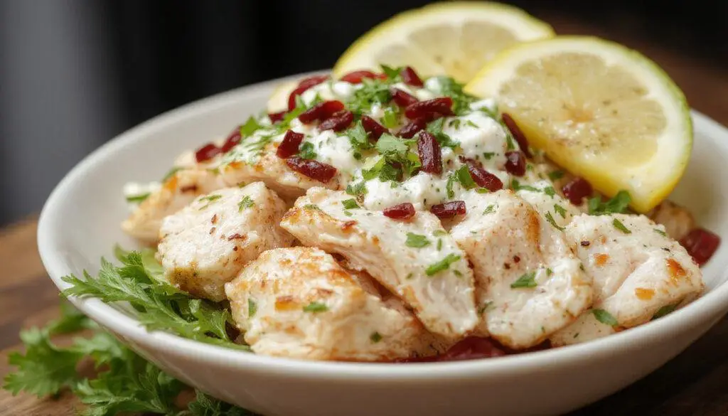 A vibrant bowl of creamy tzatziki chicken salad garnished with fresh dill and cucumber slices, served on a white plate with a sprig of herbs on the side, showcasing a mix of shredded chicken, chopped vegetables, and herbs with a smooth, textured dressing.