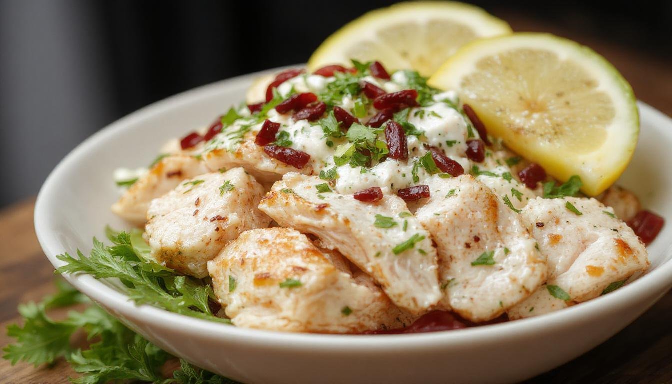 A vibrant bowl of creamy tzatziki chicken salad garnished with fresh dill and cucumber slices, served on a white plate with a sprig of herbs on the side, showcasing a mix of shredded chicken, chopped vegetables, and herbs with a smooth, textured dressing.