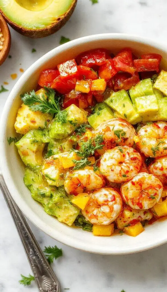 A vibrant bowl filled with plump, pink shrimp arranged atop sliced creamy avocado and bright mango salsa, garnished with fresh cilantro and lime wedges, all presented on a white plate against a colorful tropical backdrop.