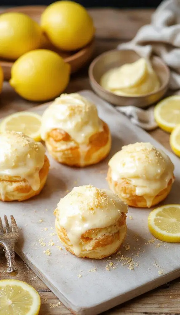 Delicious Zesty Spring Lemon Cream Puffs with golden-brown shells filled with vibrant lemon cream topped with fresh mint leaves.