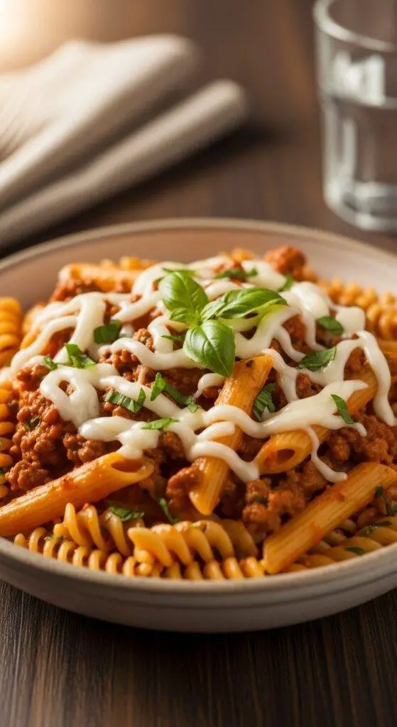A close-up of a creamy ground beef pasta served in a deep bowl. The pasta is coated in a rich, velvety sauce with visible chunks of seasoned ground beef. Garnished with freshly chopped parsley, the dish displays a warm, inviting appearance with a glossy, creamy texture and bits of herbs adding color contrast.