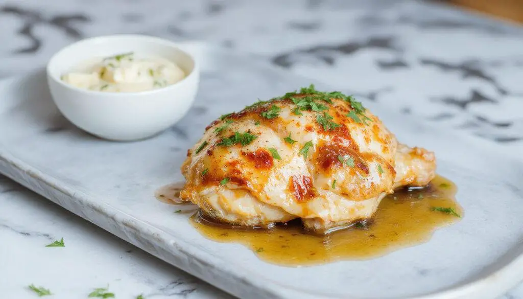 A plate of succulent, golden-brown chicken breasts with a slightly crispy exterior, sliced to reveal tender, juicy white meat inside. The chicken is arranged artistically on a white ceramic plate, garnished with fresh herbs and a drizzle of sauce, with a soft-focus background of a rustic wooden table and vibrant vegetables.