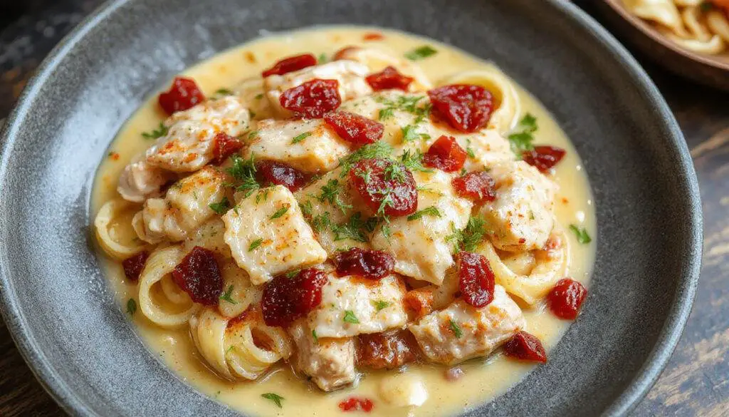 A close-up of a creamy chicken pasta dish topped with sun-dried tomatoes and fresh herbs, served on a white plate with a fork on the side, vibrant red and green accents