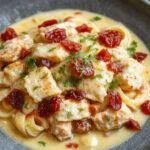 A close-up of a creamy chicken pasta dish topped with sun-dried tomatoes and fresh herbs, served on a white plate with a fork on the side, vibrant red and green accents