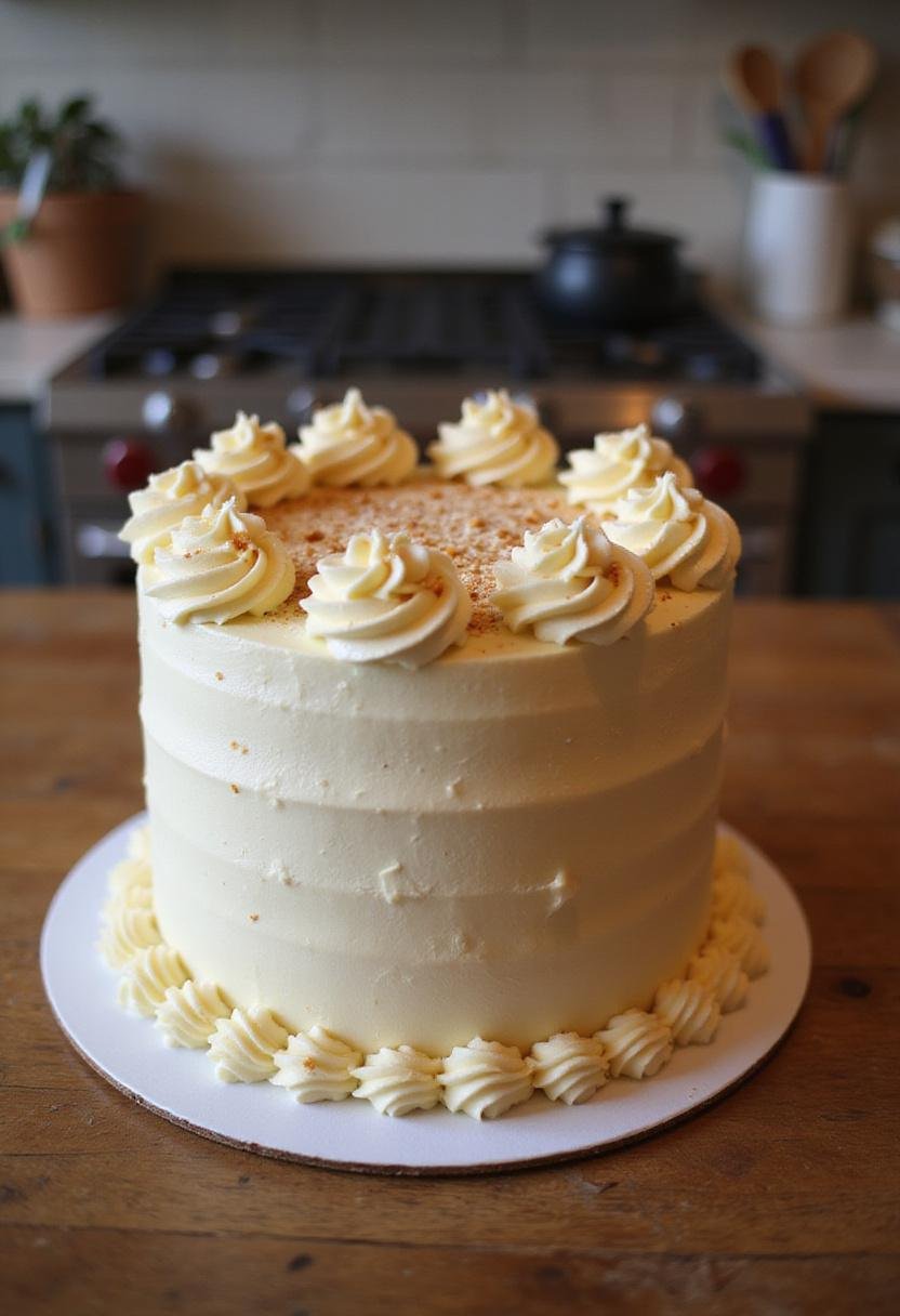 Final cake display with buttercream icing and salted caramel, showcasing a delightful and visually appealing dessert in a cozy kitchen.