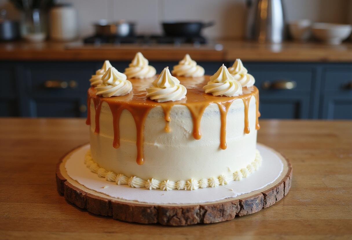 Final cake display with buttercream icing and salted caramel, showcasing a delightful and visually appealing dessert in a cozy kitchen.