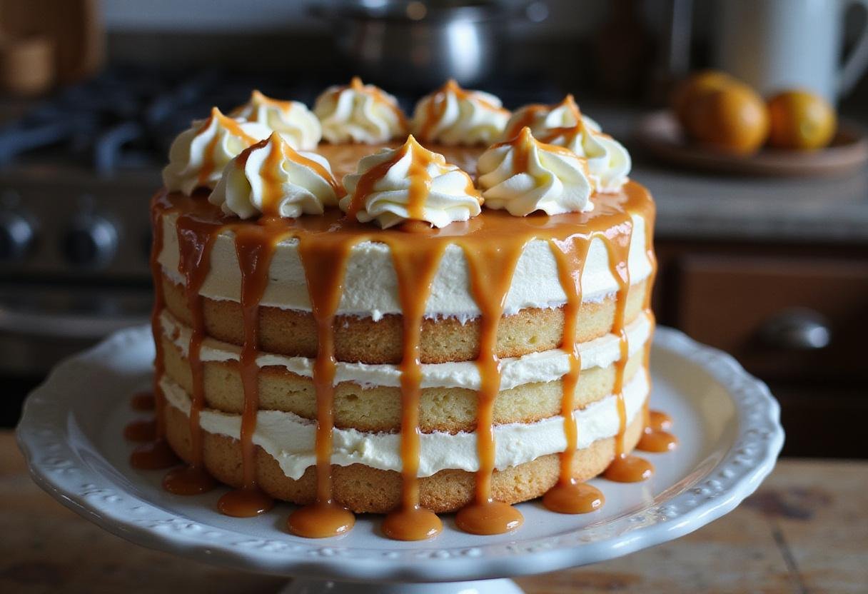 Stunning cake topped with buttercream icing and salted caramel, displaying a professional dessert creation.