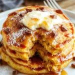 A stack of fluffy pumpkin pancakes topped with a dollop of whipped cream and sprinkled with cinnamon, served on a rustic white plate with a drizzle of maple syrup, surrounded by fresh pumpkin slices and autumn leaves.