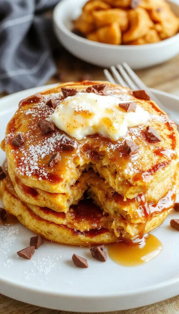 A stack of fluffy pumpkin pancakes topped with a dollop of whipped cream and sprinkled with cinnamon, served on a rustic white plate with a drizzle of maple syrup, surrounded by fresh pumpkin slices and autumn leaves.